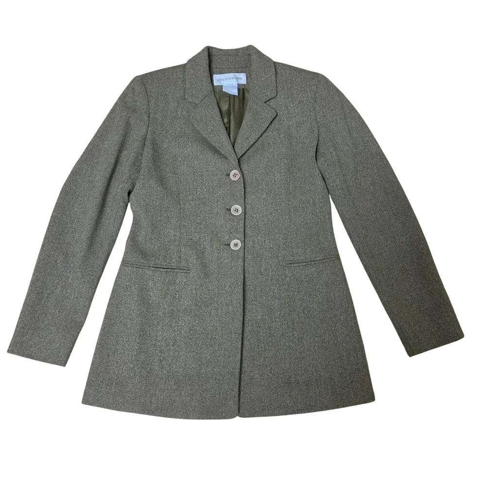 Vintage 90s Jones New York Olive Tweed Virgin Wool Longline Blazer Size 4 Preppy